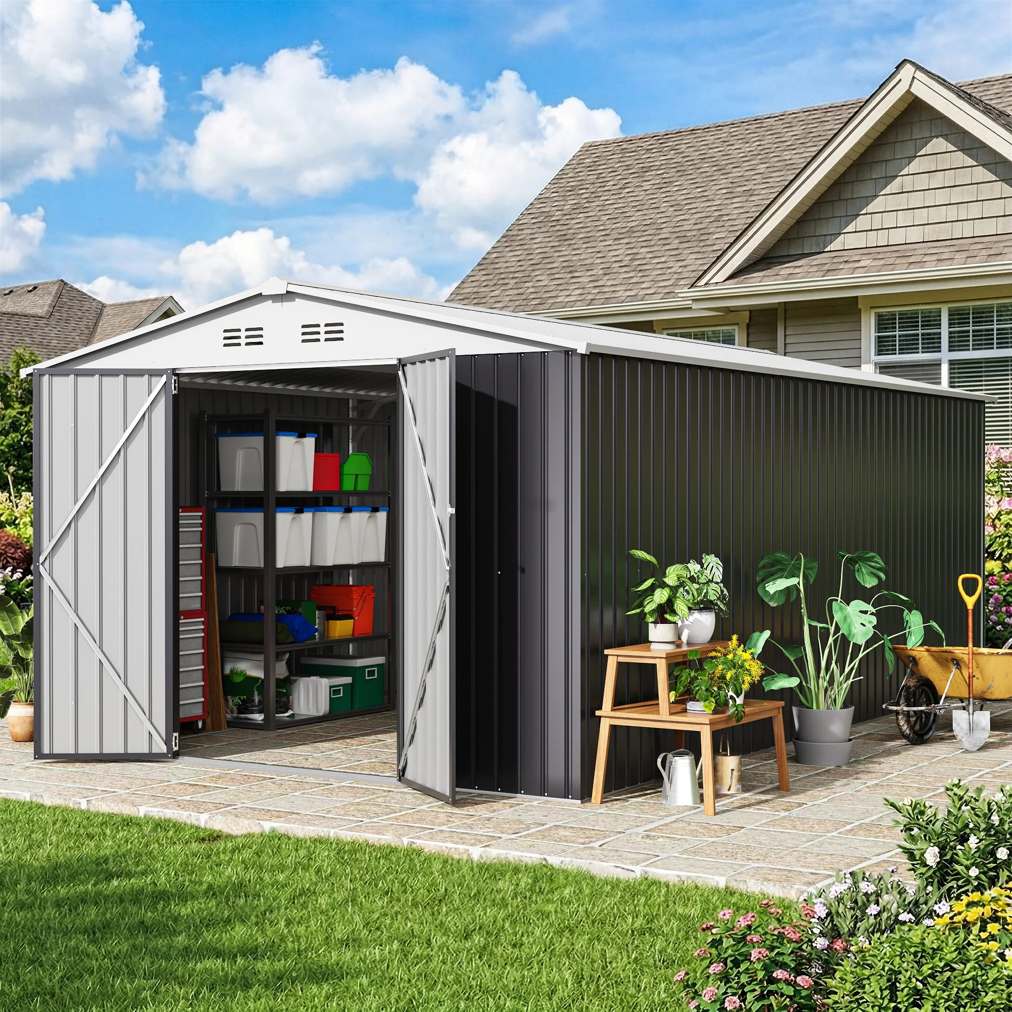 

VIVWAT 10x16 FT Metal Outdoor Storage Shed with Enhanced Frame, Lockable Doors, Weather-Resistant Design for Garden, Patio