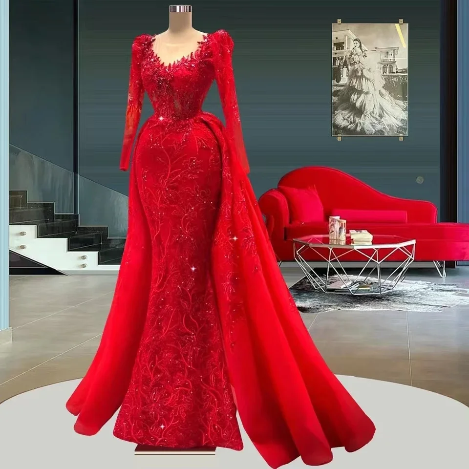 

Dubai Luxury Mermaid Evening Dresses Long Sheer Neck With Detachable Train Modest Full Sleeves Beading Lace Prom Gowns Plus Size