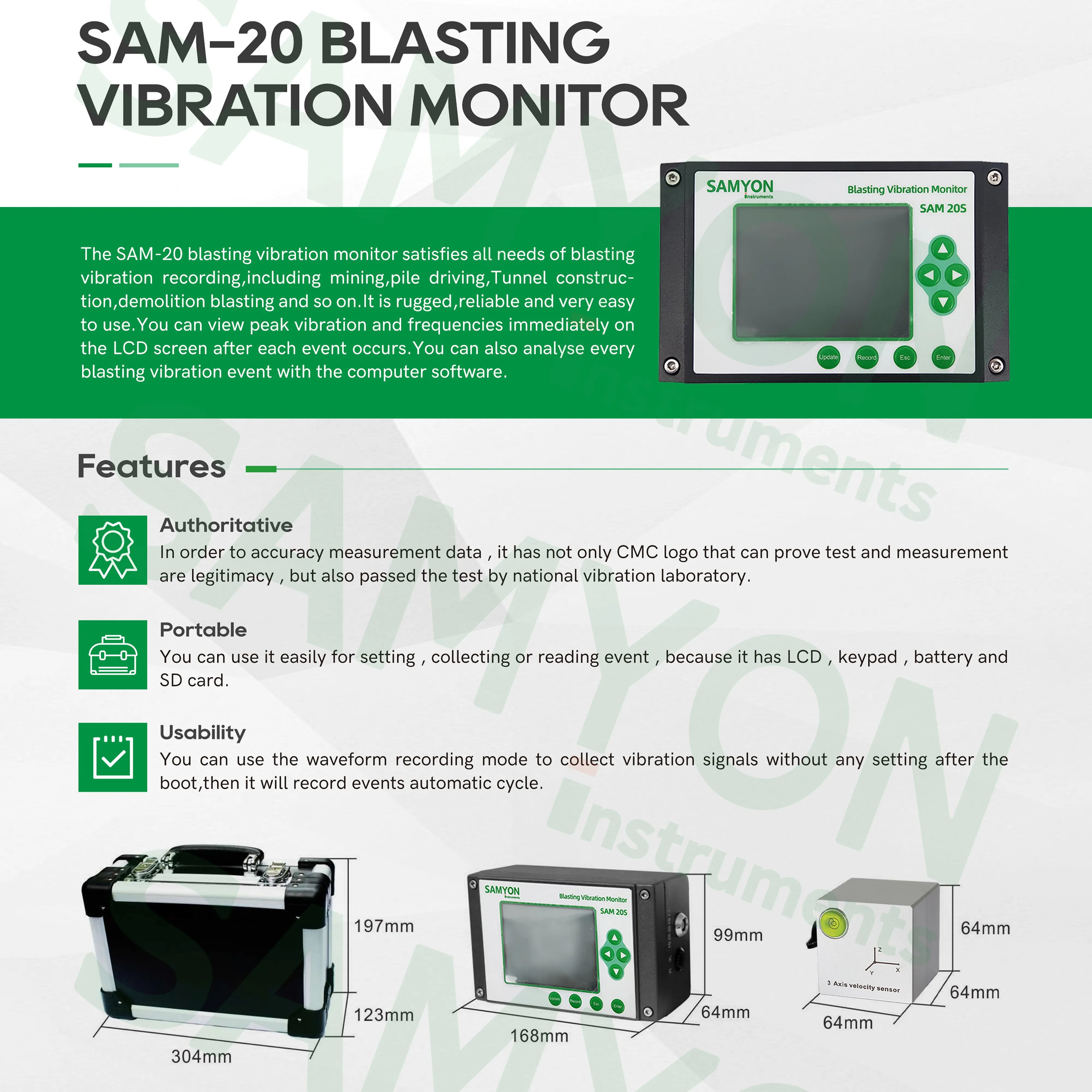 3.5 Inches LCD Screen Channel Electronic Mineral Blast Vibration Test/SAM-20 Blasting Vibration Monitor