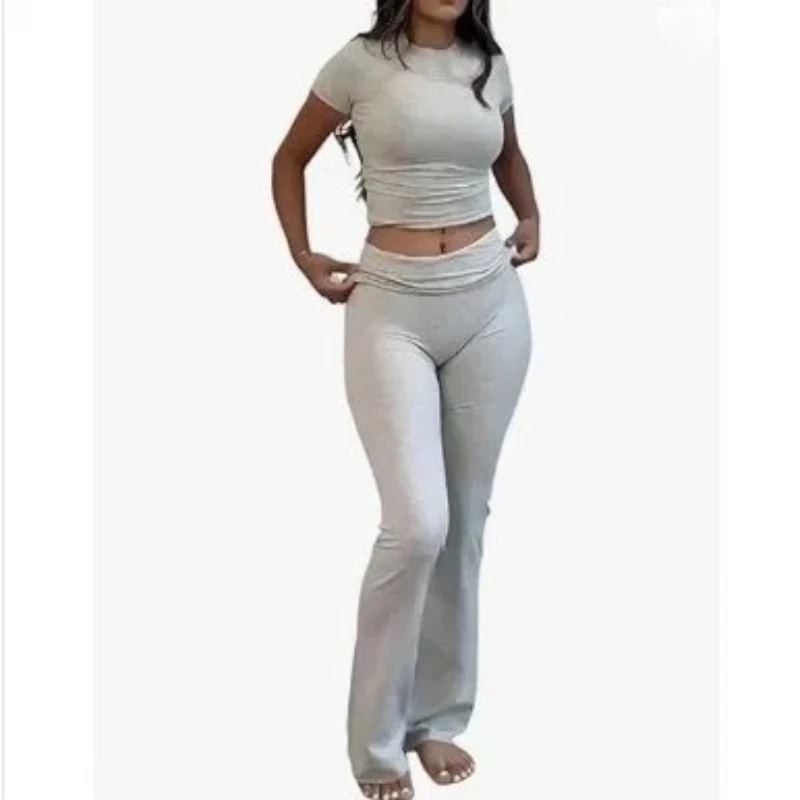 

Women's Two-piece Crew Neck T-shirt Low-rise Flared Pants Sportswear Set