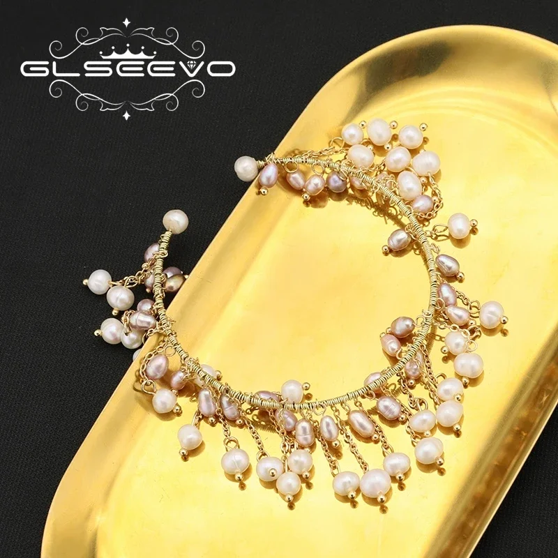 GLSEEVO 100% Natural Tahitian White Pink Pearls Tassel Bracelet Luxury Fashion Retro Medieval Fine Jewelry Christmas Gifts