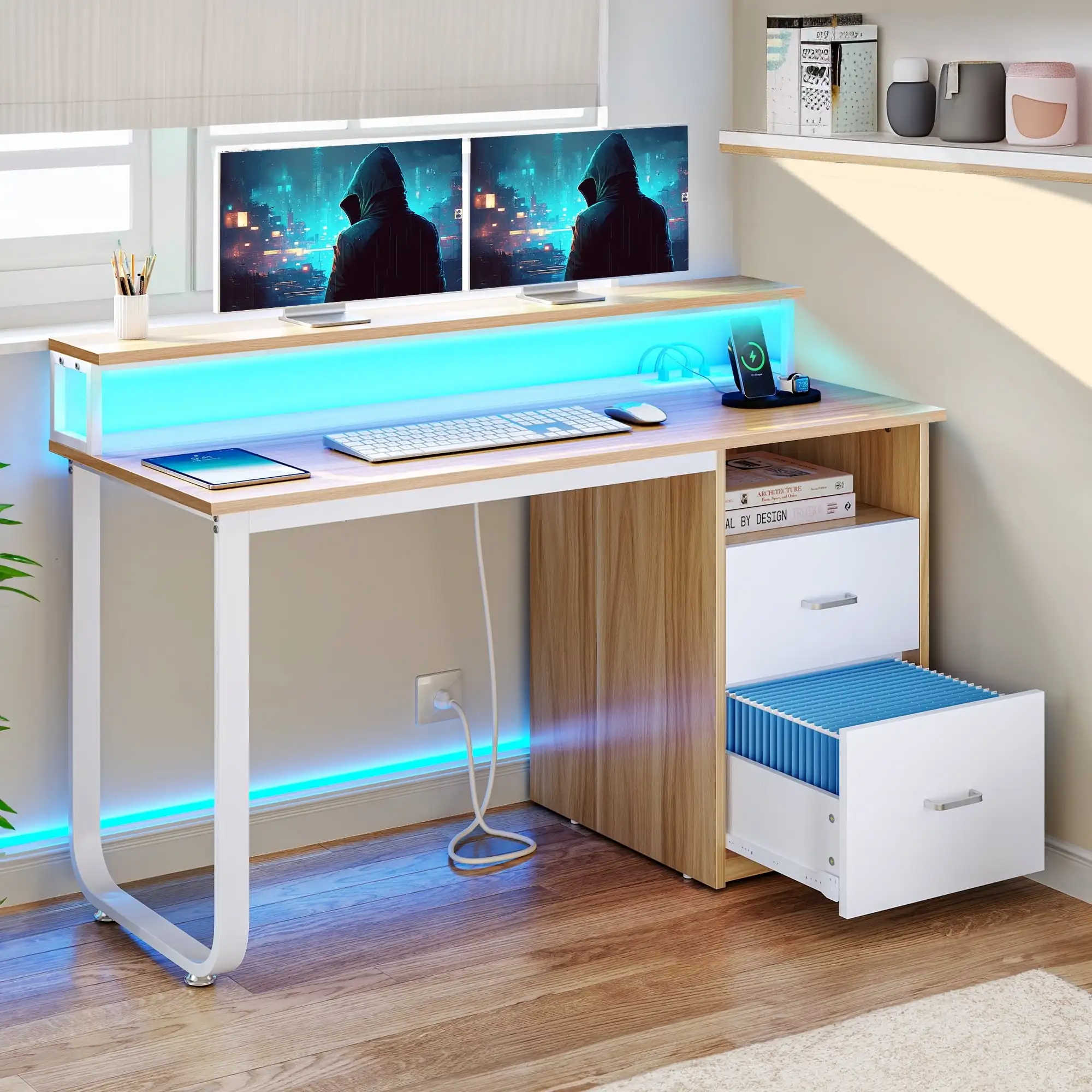 47 inch Computer Desk with Storage Drawers & LED Light, Office Desk, Work Study PC Desk for Small Spaces, Home Office, Oak