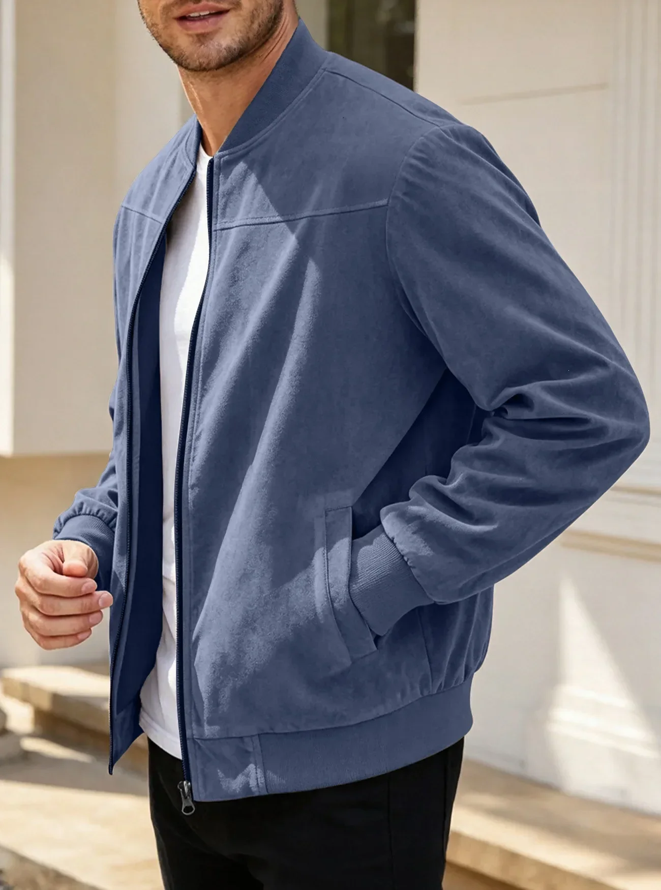 Herren-Wildlederjacke mit durchgehendem Reißverschluss, Stehkragen, lässig, langärmelig, einfarbig, leichte Streetwear-Oberbekleidung – Detail 2