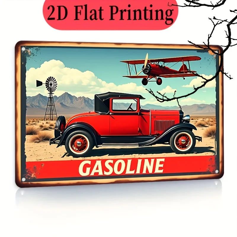 Retro Gasoline Metal Sign,   Americana Wall Decor with Classic Car & Airplane, Rustic Iron Plaque for Bar, Cafe, Restaurant, G