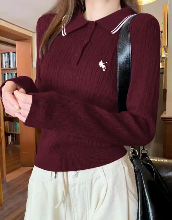 

2025 Autumn Casual Lapel Fashionable Color Blocking Button Embroidery Decoration Fried Dough Twists Jacquard Knitting Sweater