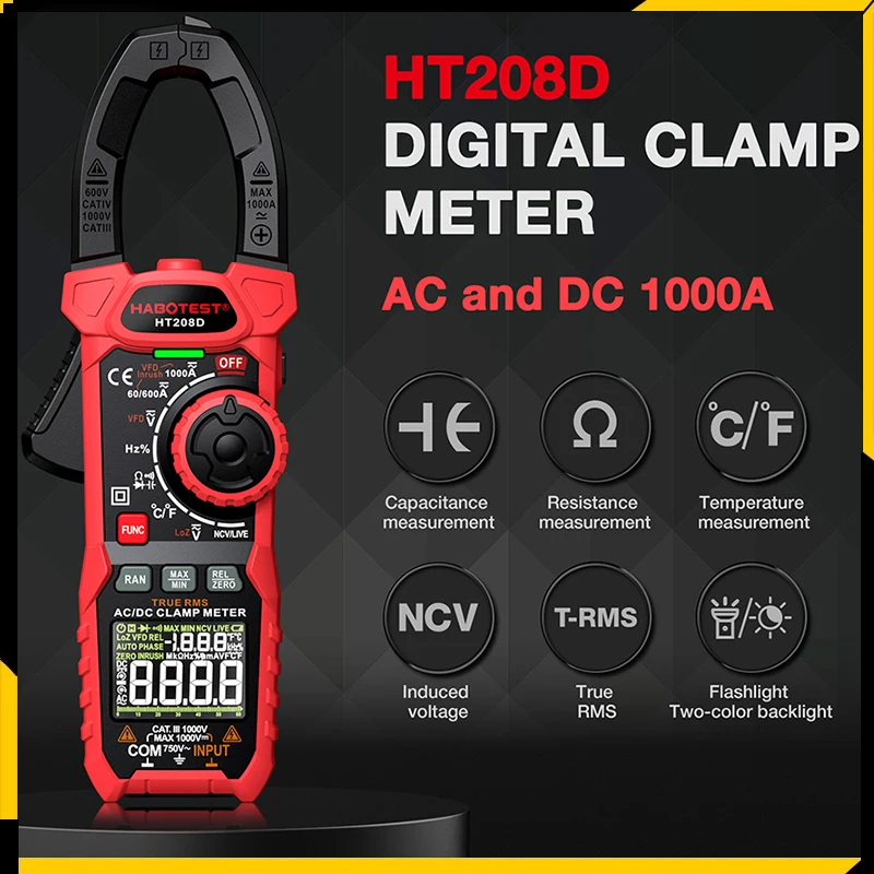 

HT208A/D Digital Clamp Meter 1000A 1000V Multimeter Auto Range True RMS NCV DC AC Voltage Current Temp Test Automatic Voltmeter