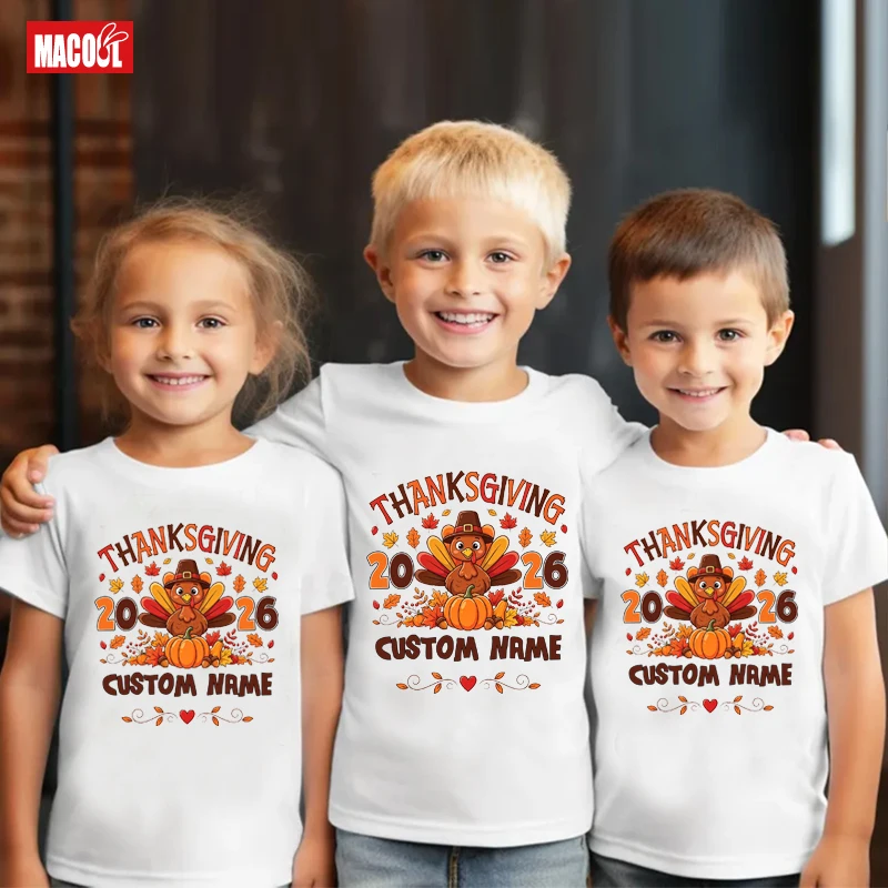 Personalized Thanksgiving Family Shirt Custom Name Turkey Tee Matching Fall Family Outfit Pumpkin Graphic Tee Holiday party top