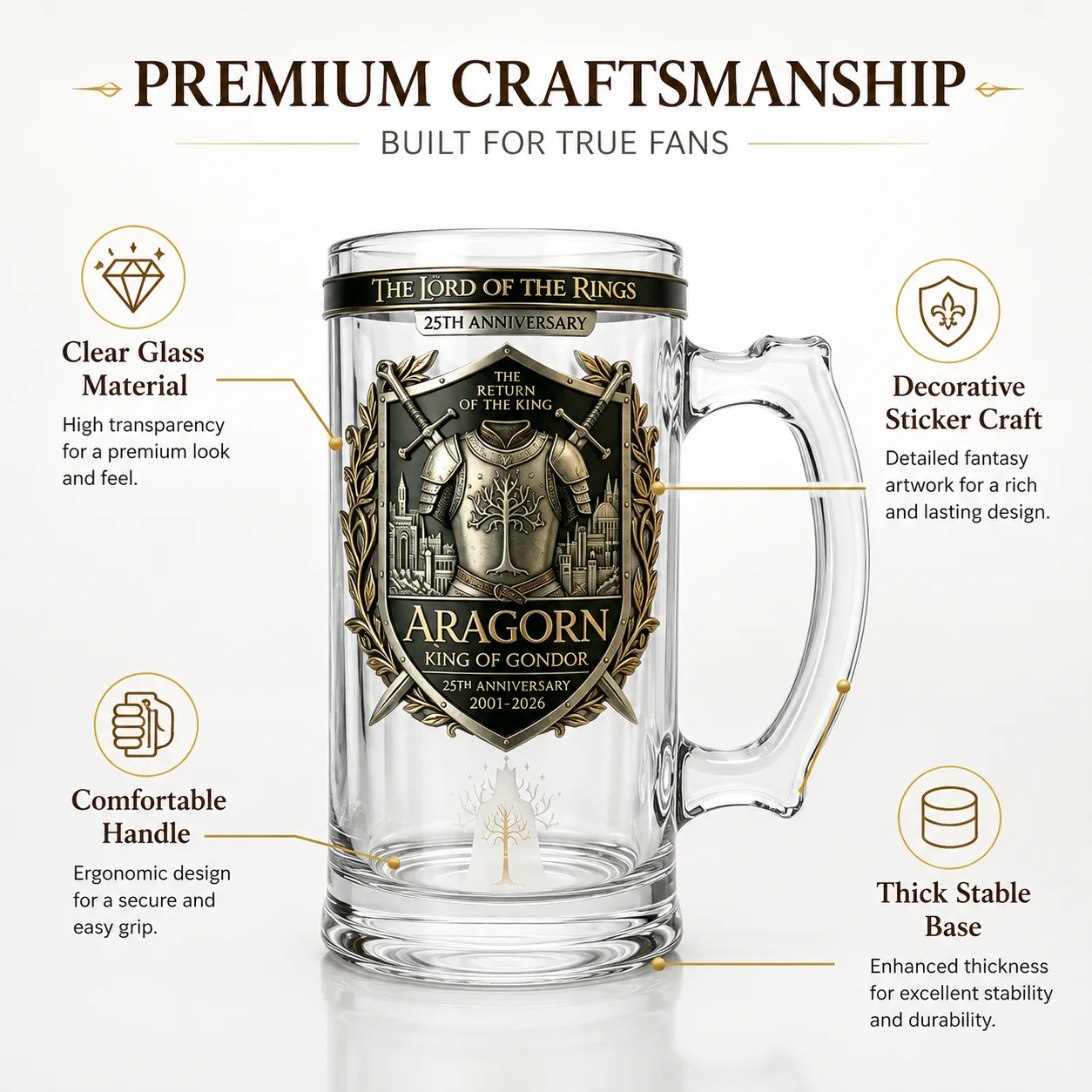 The Lord of the Rings Aragorn King of Gondor 25th Anniversary Beer Mug, LOTR The Return of the King Glass Stein, Home Decoration - view 2