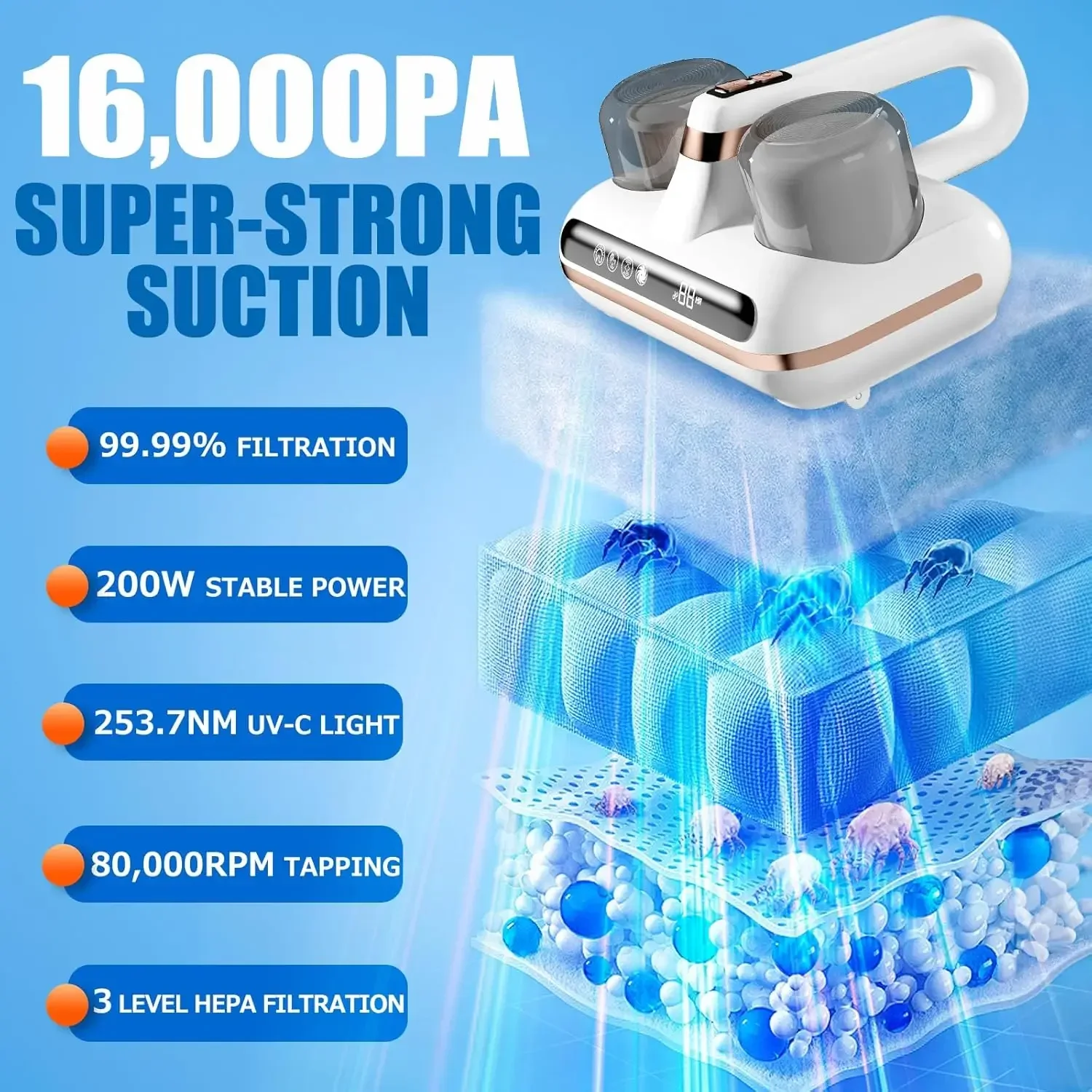 16 UV Mite Remover New Mattress Vacuum Cordless Handheld Cleaner Powerful Suction for Cleaning Bed Pillows Clothes Sofa