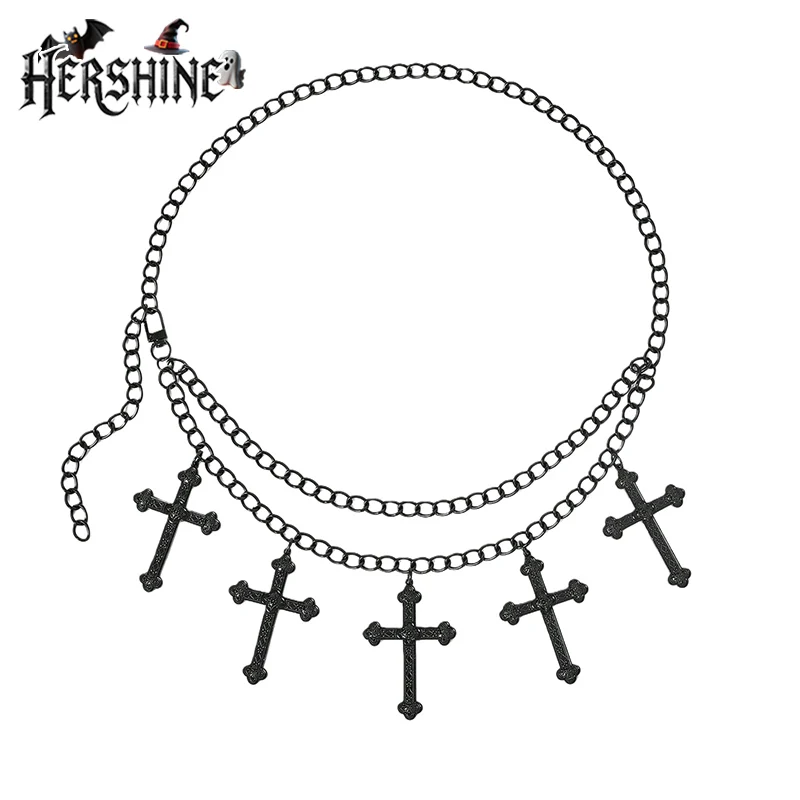 HERSHINE Women's Black Fashion Cross Double Layer Waist Chain, Y2K Gothic Retro Harajuku Punk Style Cosplay，spring，summer