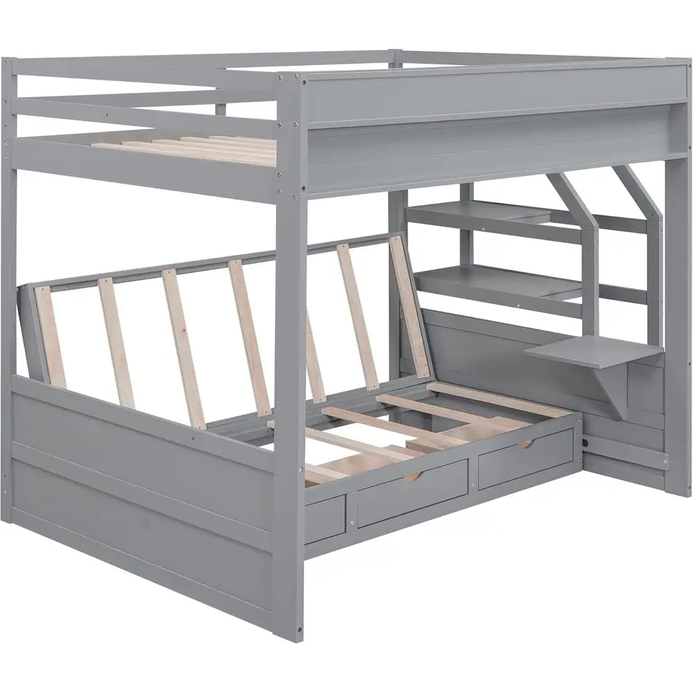 

Full Over Full Bunk Beds with Stairs, Small Shelf, and Convertible Daybed Option in Gray