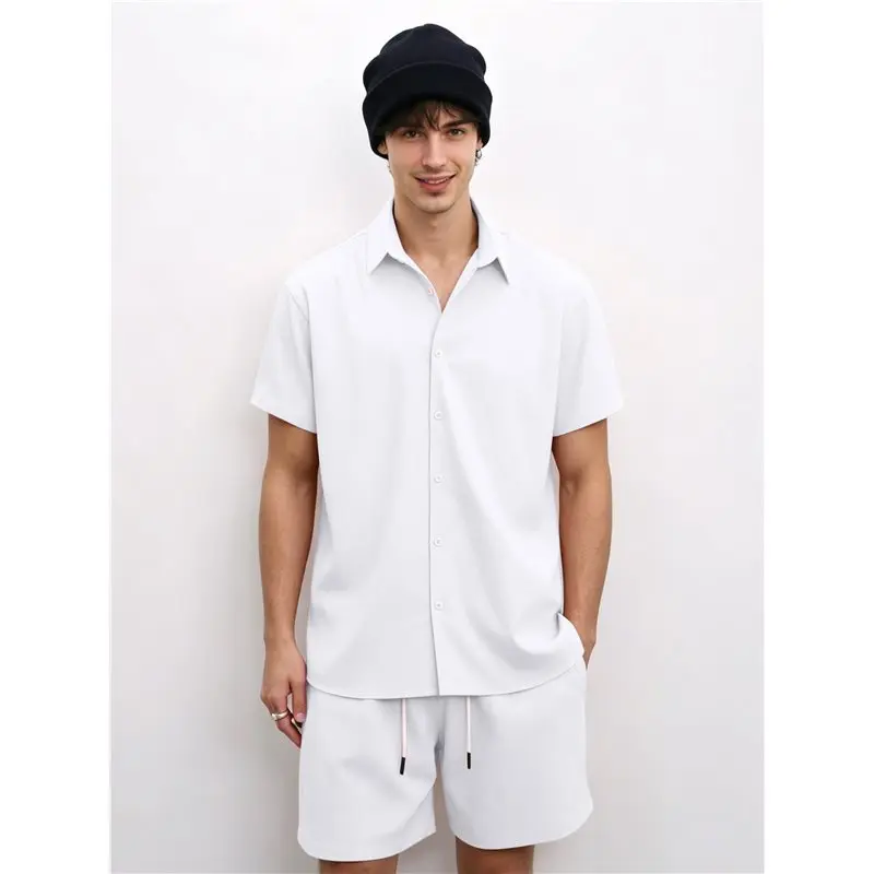 【Price Drop !!】Men 2 Piece Outfit Solid Short Sleeve Button Shirt And Drawstring Shorts Summer Casual Set