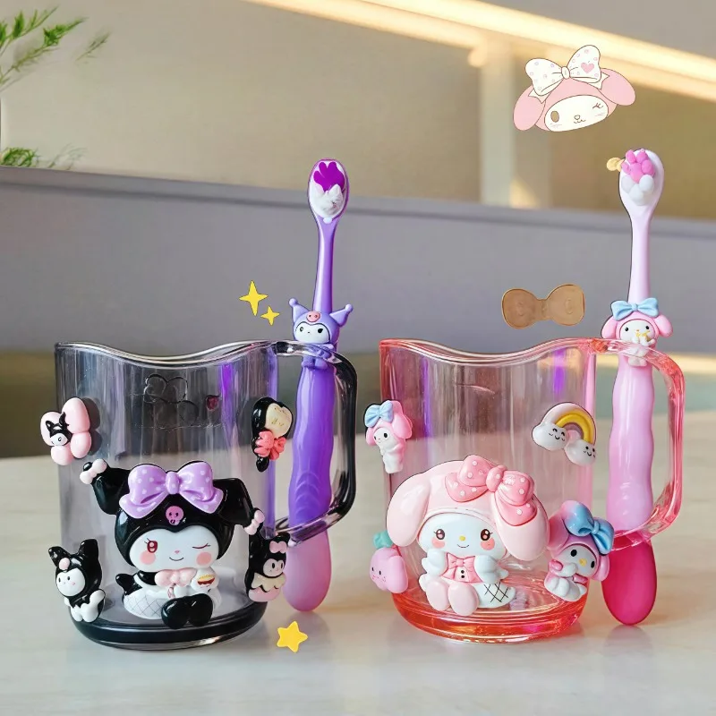 New kawaii Hello kitty children's mouthwash cup kuromi teeth jar brush cup My melody toothbrush holder Children's wash cup set