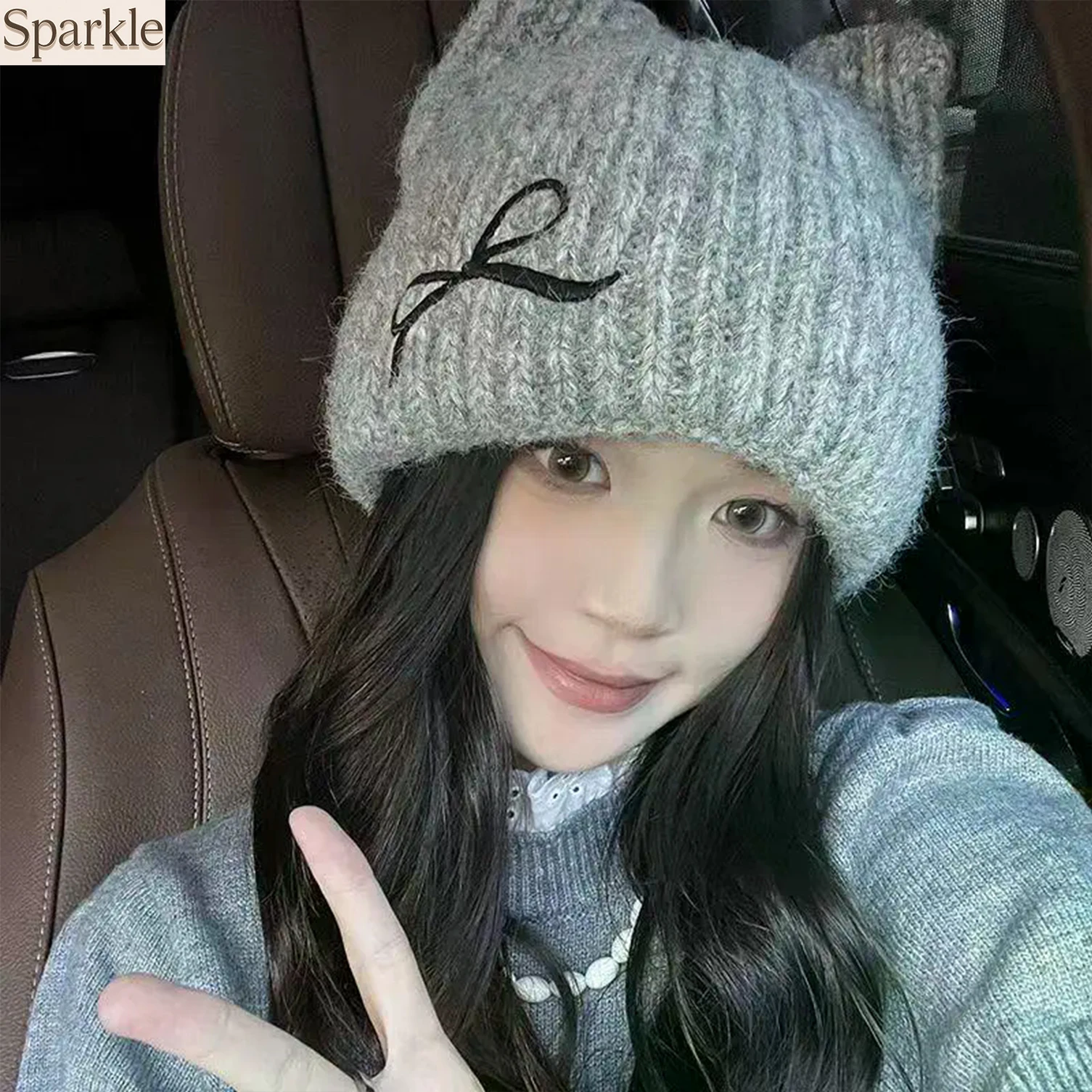 

Women's Cute Cat Ears Knitted Hat Sweet Bow Embroidered Wool Cap Windproof Warm Ear Protection for Autumn Winter