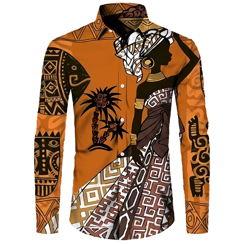 Ethnic Style African Girl 3D Print Long Sleeve Button Shirts For Men Women Dashiki Folk Custom Vintage Tops Couple Clothes Shirt