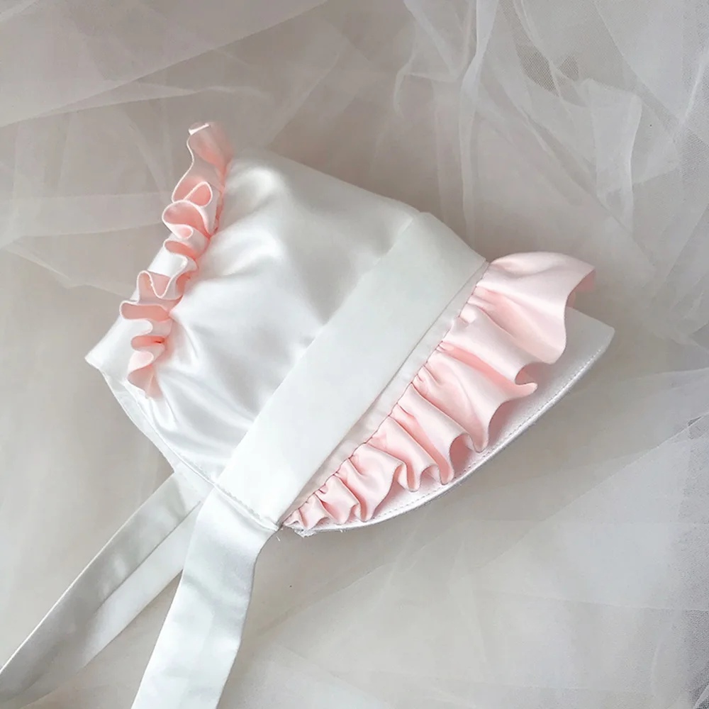 Victorian Bonnet Hat Vintage Maid Cosplay Pumpkin Cap Lace-up Adjustable Hat Women Girls Lolita Lace Ruffled Hat