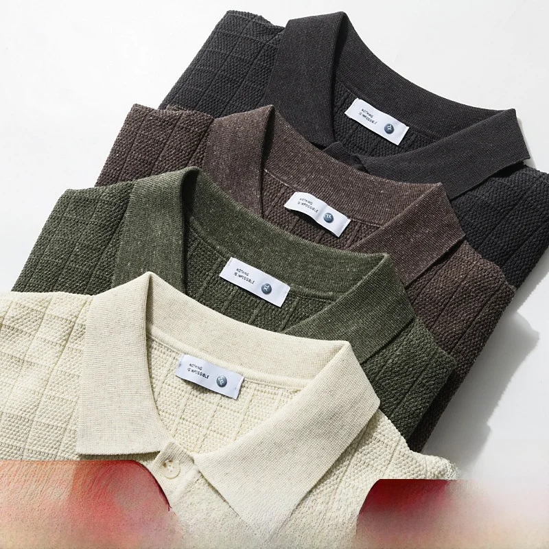 

Retro Texture Linen Blend Knitted Short Sleeve Shirt for Men Summer Lightweight Luxury Casual Style Standard Fit
