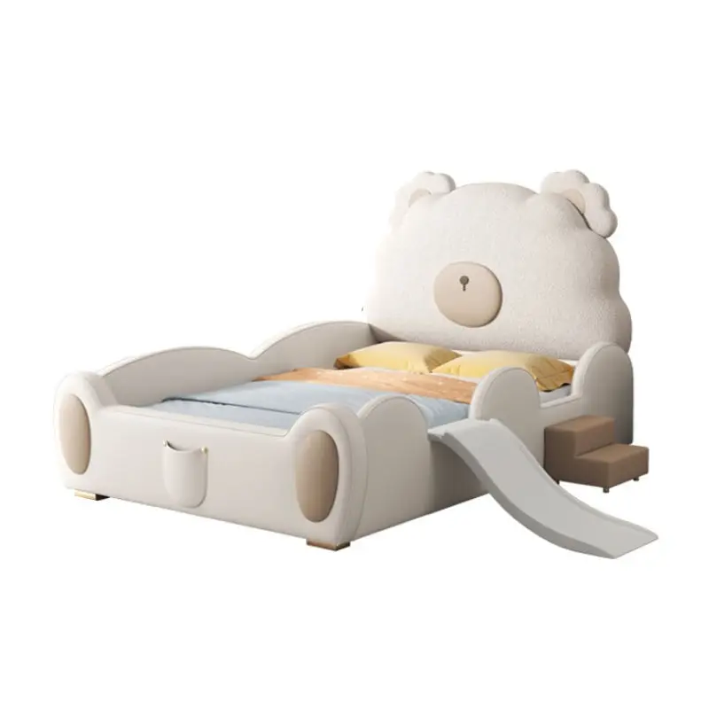 

！@Kids' Bed for Girls, Cute Bear Headboard, Guardrail Slide Bed, Dreamy Princess Bed, Simple Modern Solid Wood Single Storage Be