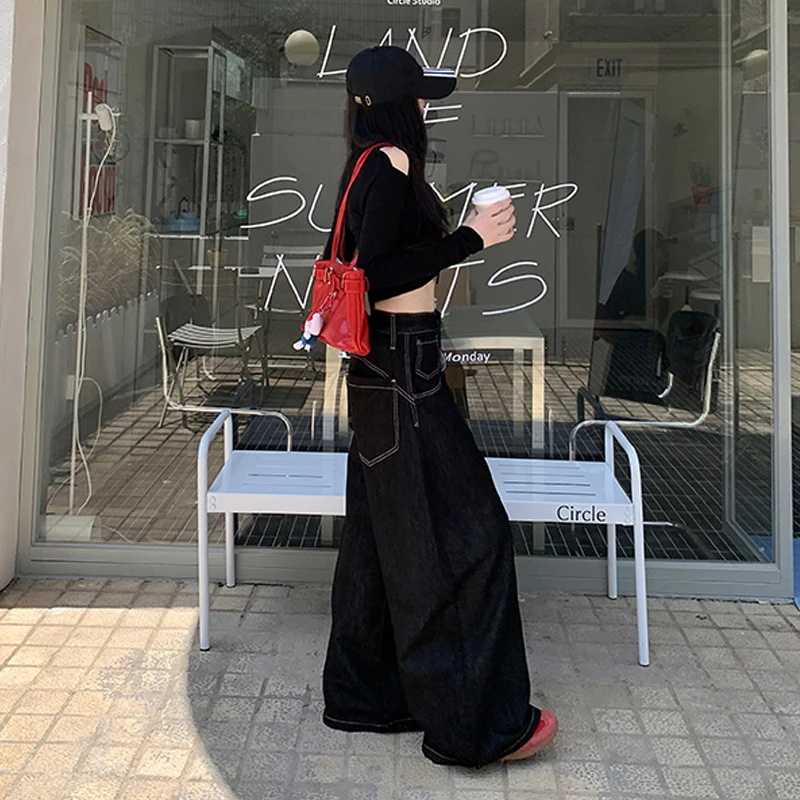 Y2k ملابس جينز للمرأة فضفاضة واسعة الساق المتعثرة غسلها عالية الخصر بنطلون الشارع الشهير السراويل الطويلة غير رسمية