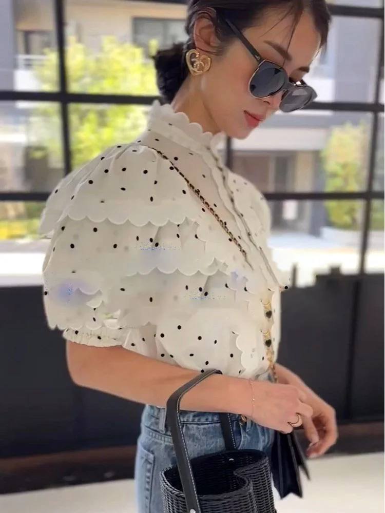 

Early Spring French Unique Top Small High Level Design Beautiful White Dotted Bubble Sleeve Shirt Female