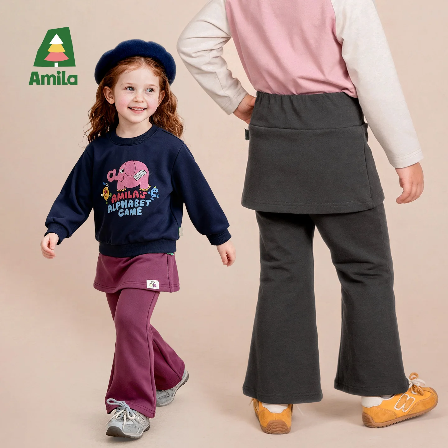 Amila 2026 Autumn New Kids Skirt Pants Flared Integrated OK Label Small Badge Versatile Fashion Casual Long Pants