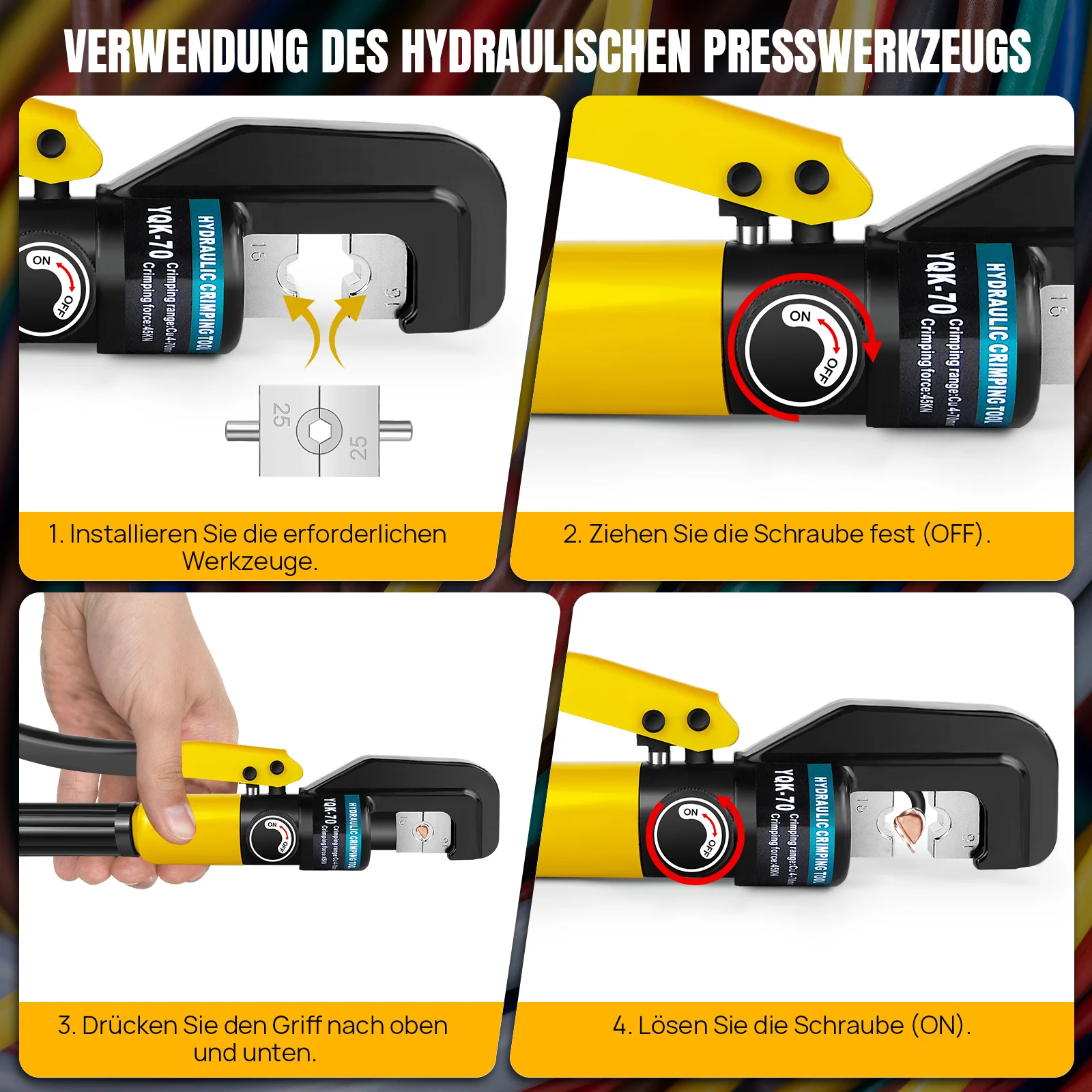 Hydraulische Crimpzange für Kabelendhülsen, 9 Matrizen, 4-70 mm², 100KN, Hydraulik-Crimper-Set, Crimpwerkzeug mit 9 Matrizen für Kupfer- und Aluminiumkabelschuhe – Detail 1