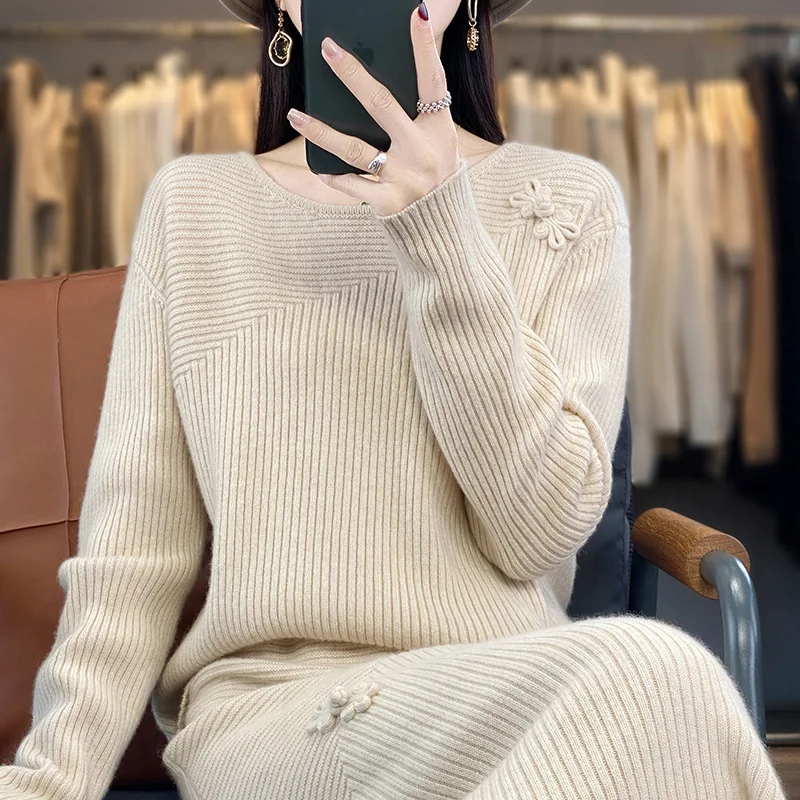 New Hot Selling Women\'s Set Fashion O-Neck Knitted 100% Wool Pullover Women\'s Sweater Versatile Long Half Skirt Pure Wool suit