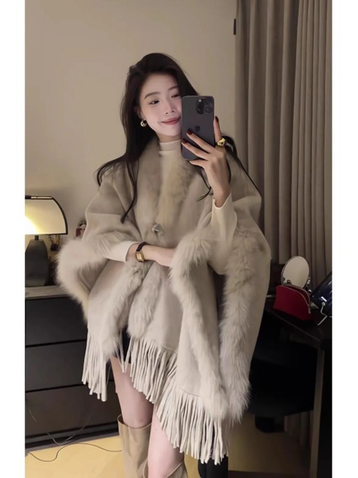 

Korean Sle Oversized Coat with Tassel Hem for Women Autumn Winter Warm Loose Fit ort Outerwear Casual Aosphere Top