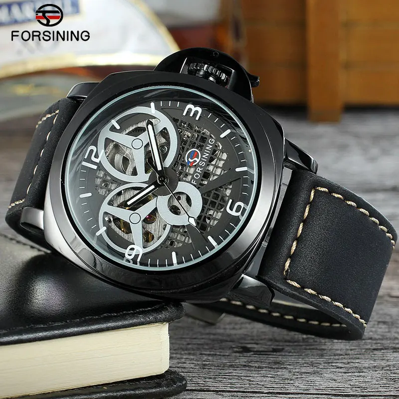 FORSINING 2023 Luxury Top Brand Skeleton Design Men Watch Automatic Self-wind Mechanical Wristwatch Genuine Leather Strap Clock