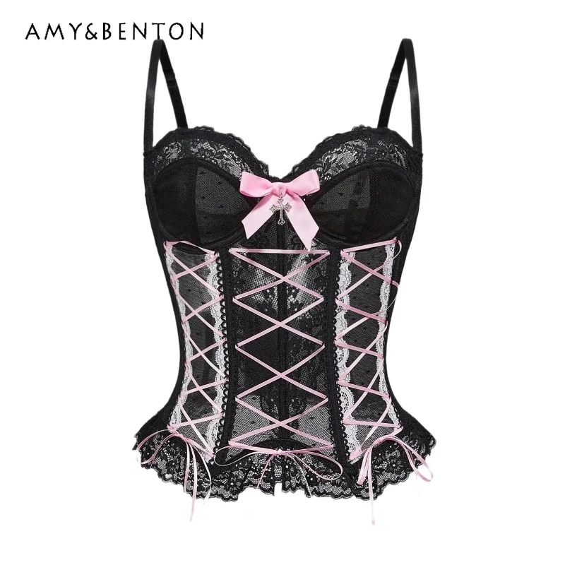 

Оригинальный дизайн, субкультура Y2K, панк, горячая девушка, металлический кулон, женский слинг, готический темно-осенний новый сексуальный женский жилет с бантом из рыбьей кости