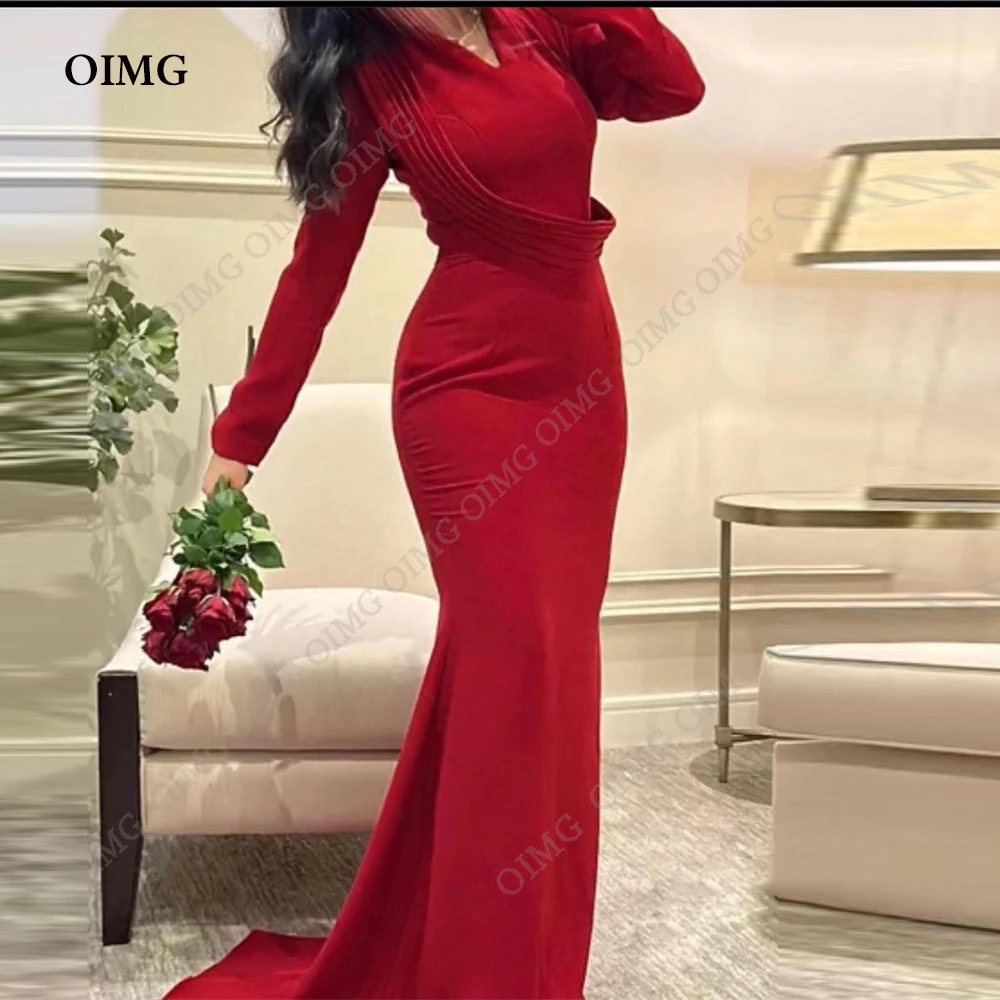 

OIMG Red Simple Arabic Women Evening Dresses Elegant V Neck Full Sleeves Floor Length Prom Gowns Formal Party Dress Vestidos2023