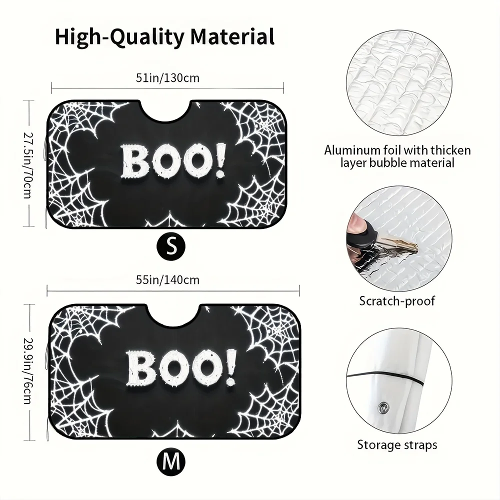 1pc, Car Sunshade With Halloween Boo Spiderweb Spooky Theme Halloween Print, Foldable And Lightweight, Ideal For Long Drives In