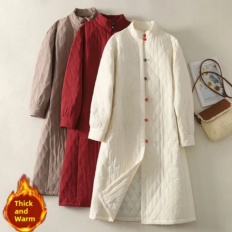 New Chinese Style Women's Long Cotton Jacket Loose Fit Warmth Retro Button Cotton Linen Blend Comfortable Winter Coat