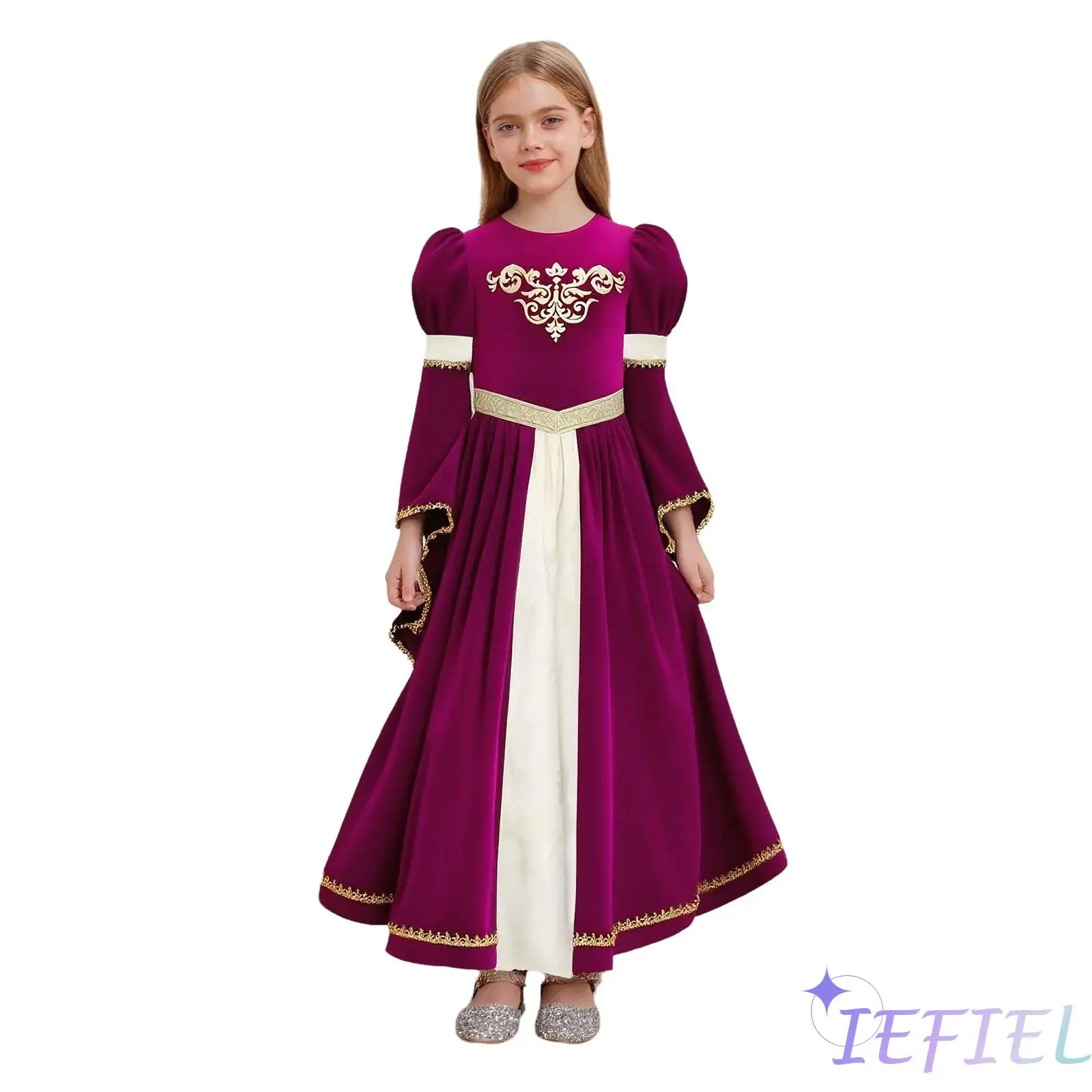 

Kids Girls Medieval Cosplay Princess Costume Long Dress With Gold Print Bell Sleeves Renaissance Fair Party Dress Royal Gown