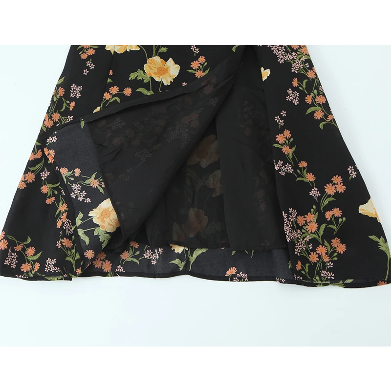 YENKYE French Style Vintage Floral Print Sling Dress Women Sexy Front Slit High Waist A-line Midi Summer Dresses Holiday Robe