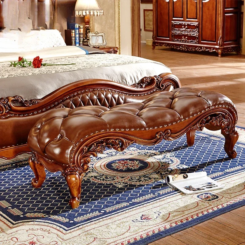 

European Entry Lux Genuine Leather Bed End Stool Bedroom Wood Carved American New Classical Soft Bag Shoe Changing Stool