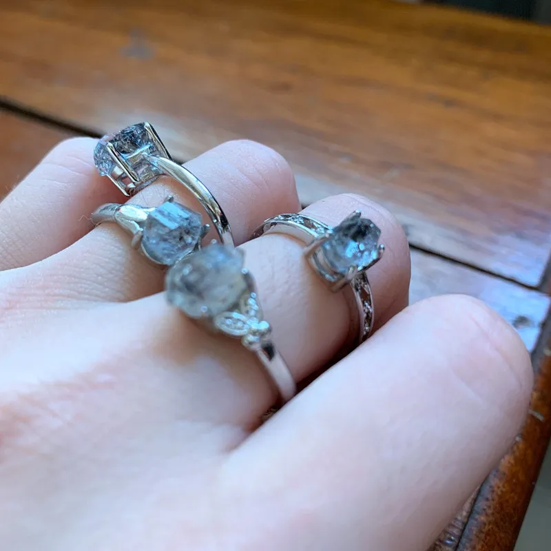 1pc Natural Stone Ring Raw Crystal Point Herkimer Diamond Quartz Beads Rings Adjustable 925 Silver Plated Copper