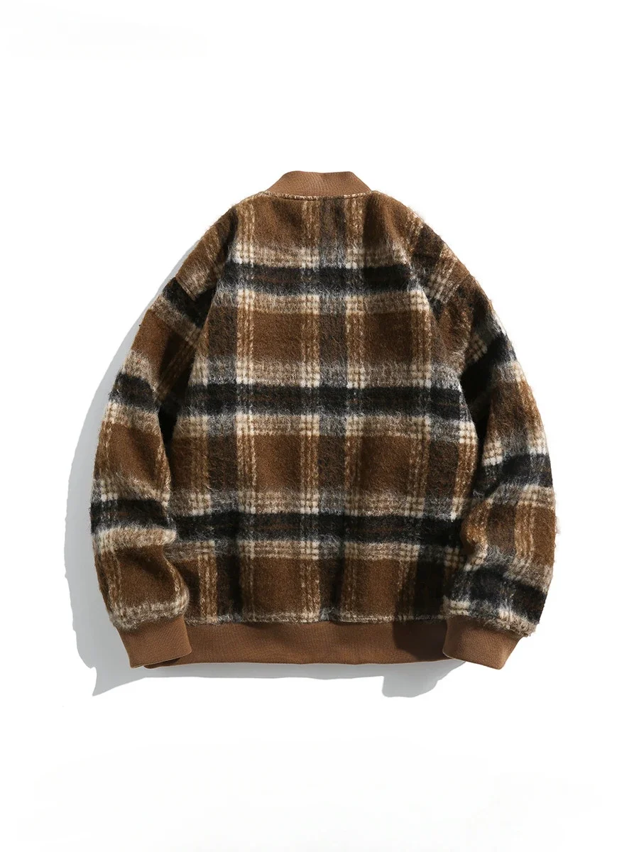 

Autumnm Winter Contrast Color Retro Plaid Woolen Jacket Men and Women Japanese Harajuku Style Stand Collar Baseball Uniform Coat