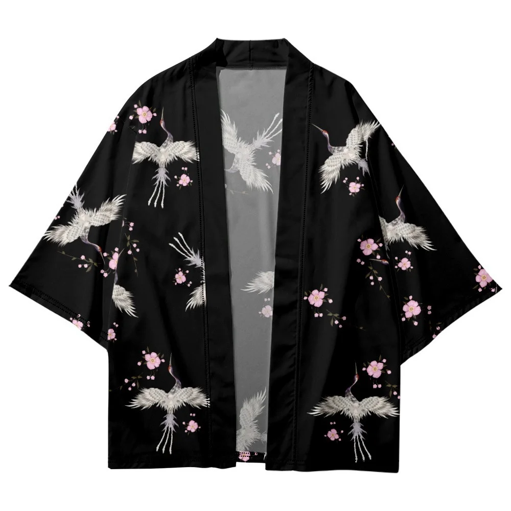 Chinese Style Crane Print Black Kimono Fashion Japanese Streetwear Men Women Cardigan Cosplay Shirts Harajuku Samurai Haori