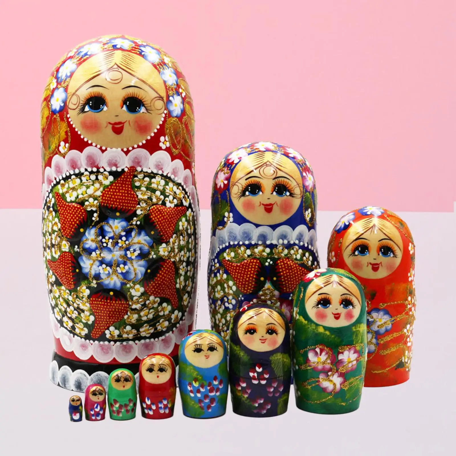 10x Stacking Doll Set Matryoshka Birthday Gifts Children Toys Cute Handpainted Wooden Russian Nesting Doll for Desk Ornaments