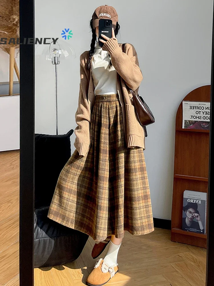 

Green Tweed Plaid A-Line Skirt Mid Length for Women Fashion Fall and Winter 2023 High Waist Pleated Skirt Girls Streetwear