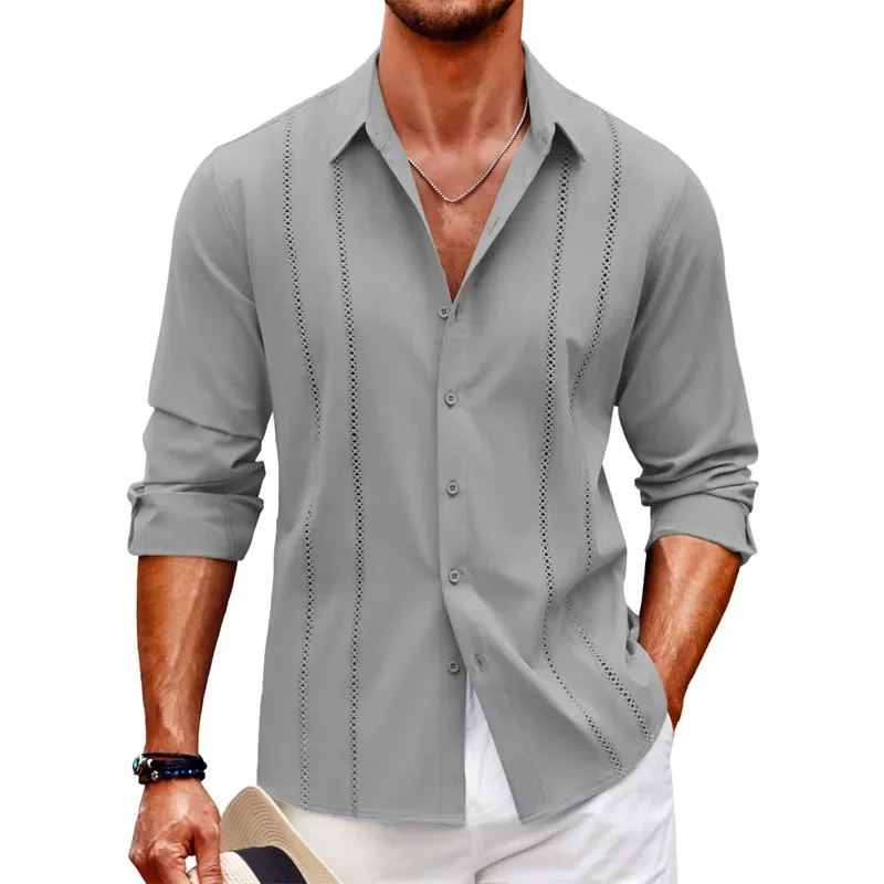 New casual men's long sleeved shirt with beach buttons, men's long sleeved solid color, plus size, comfortable