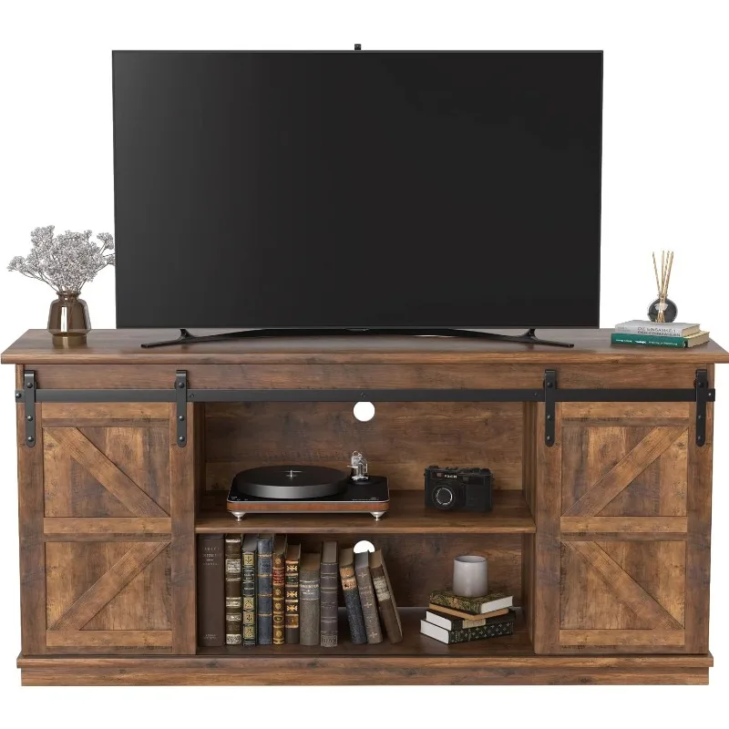 Stand for 65 Inch TV, Entertainment Center with Storage Cabinets and Sliding Barn Doors, Mid Century Modern Media