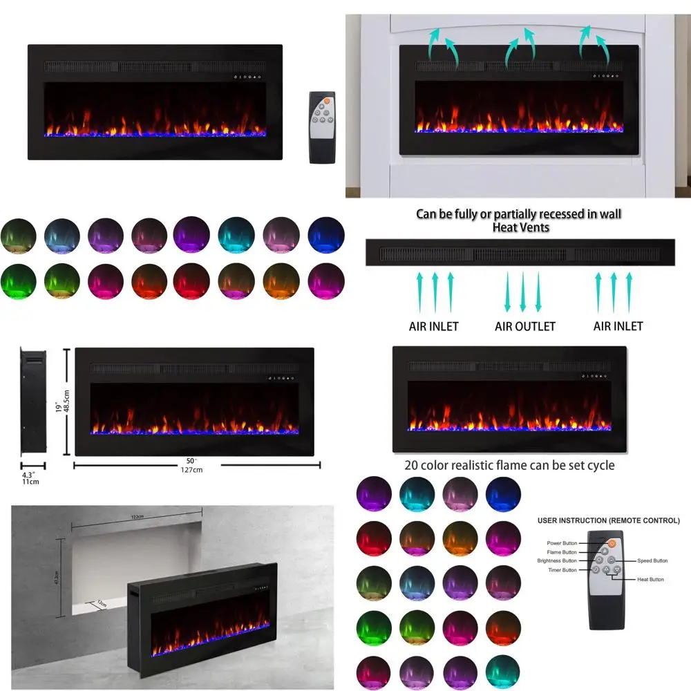 

Встраиваемый электрический камин на 50 дюймов, 1400 Вт, таймер на 8 часов, 20 цветов пламени, пульт ДУ, комплект с имитацией дров и кристаллами