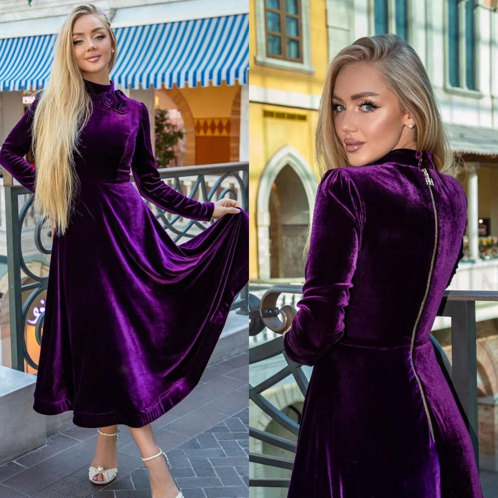 Customized Velour Draped Flower Celebrity A-line High Collar Bespoke Occasion Gown Midi Dresses