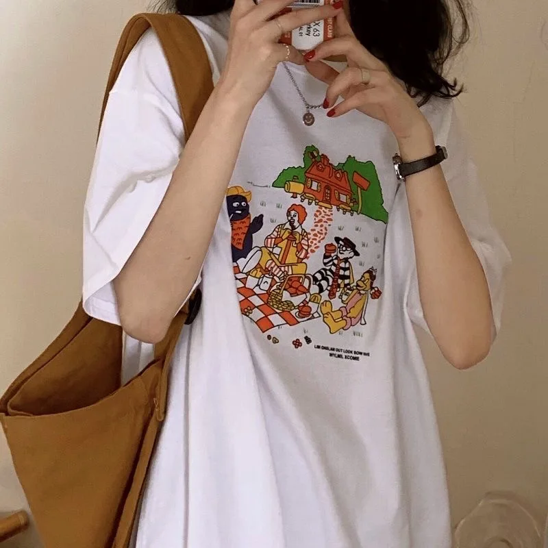 Maglietta da donna con stampa Kawaii del fumetto in stile giapponese maglietta divertente con grafica estiva in cotone Ulzzang Casual Streetwear per