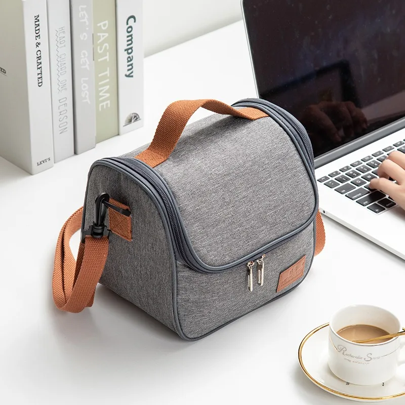 Fashion Portable Gray Tote Insulation Lunch Bag for Office Work School Korean Oxford Cloth Picnic Cooler Bags