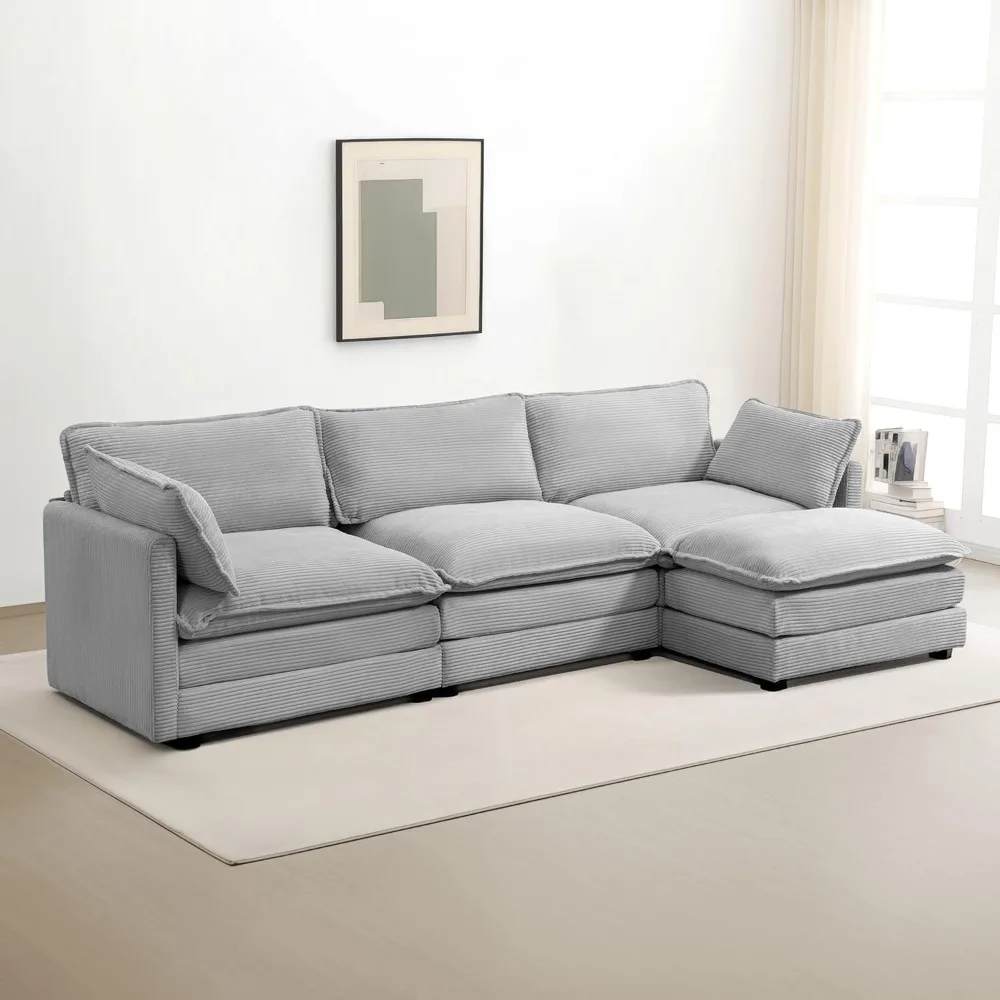 Oversized Modular Sectional Sofa with Movable Ottoman, 112 Inch 4 Seat Modern Corduroy Sofa Set, Convertible L Shaped Couch