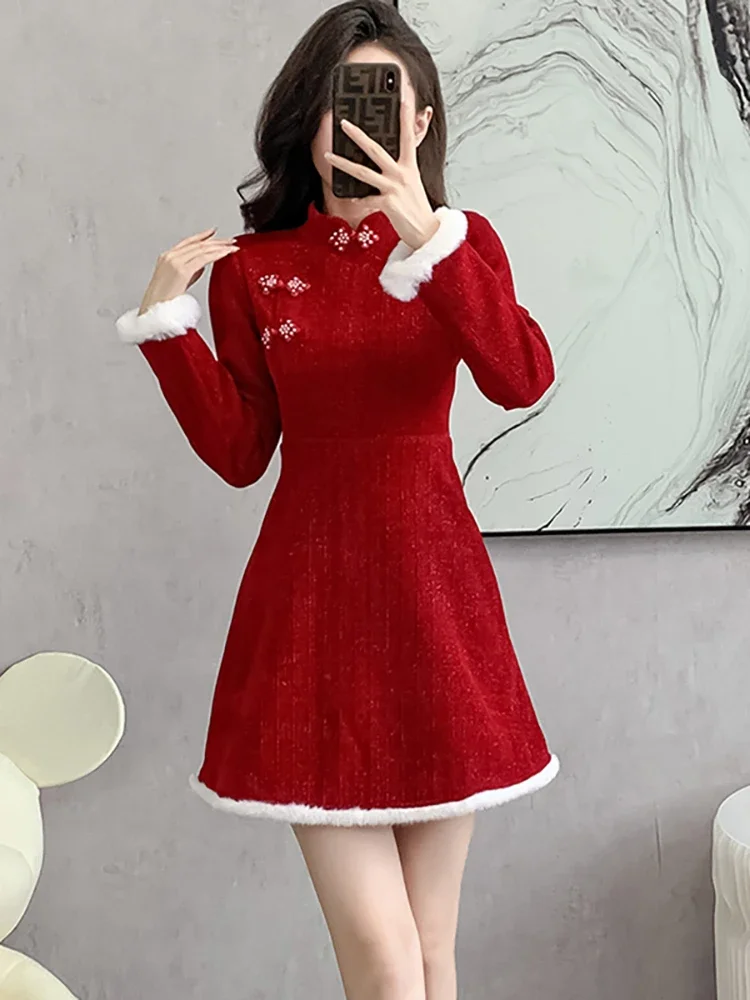 2024 Red Luxury Flocking Chic Christmas Dress Women Long Sleeve Elegant Cheongsam Short Dress Autumn Winter Korean Vintage Dress