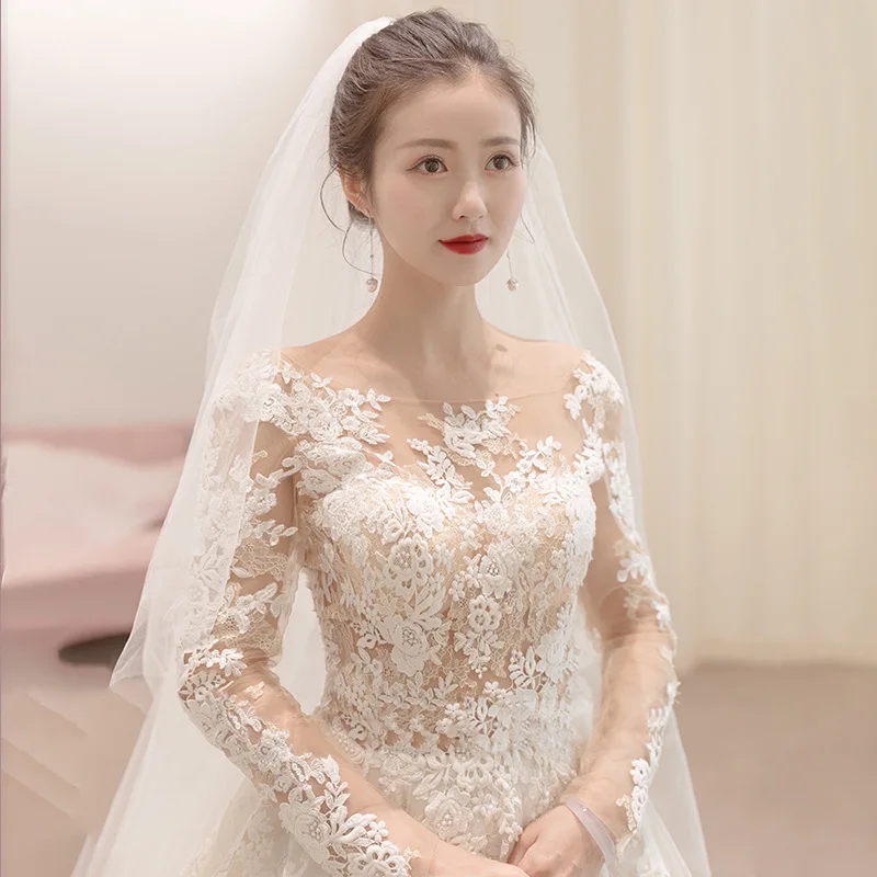 Formal White Lace Wedding Dresses Elegat Long Sleeve Wedding Ball Gown Simple Slim Plus Size Bridal Dress Vestido De Noiva